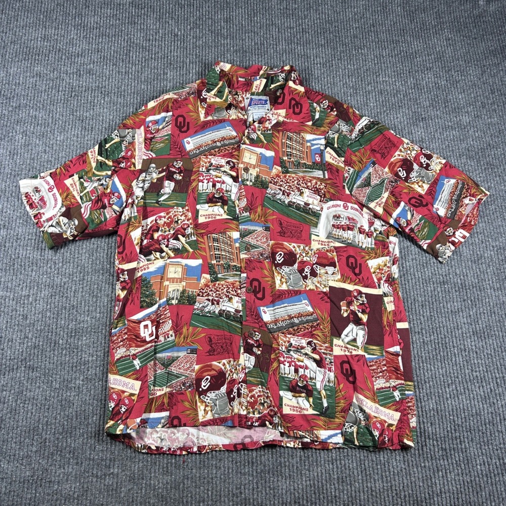 Reyn Spooner Shirt Mens L Oklahoma Sooners NCAA Hawaiian Red Rayon Aloha